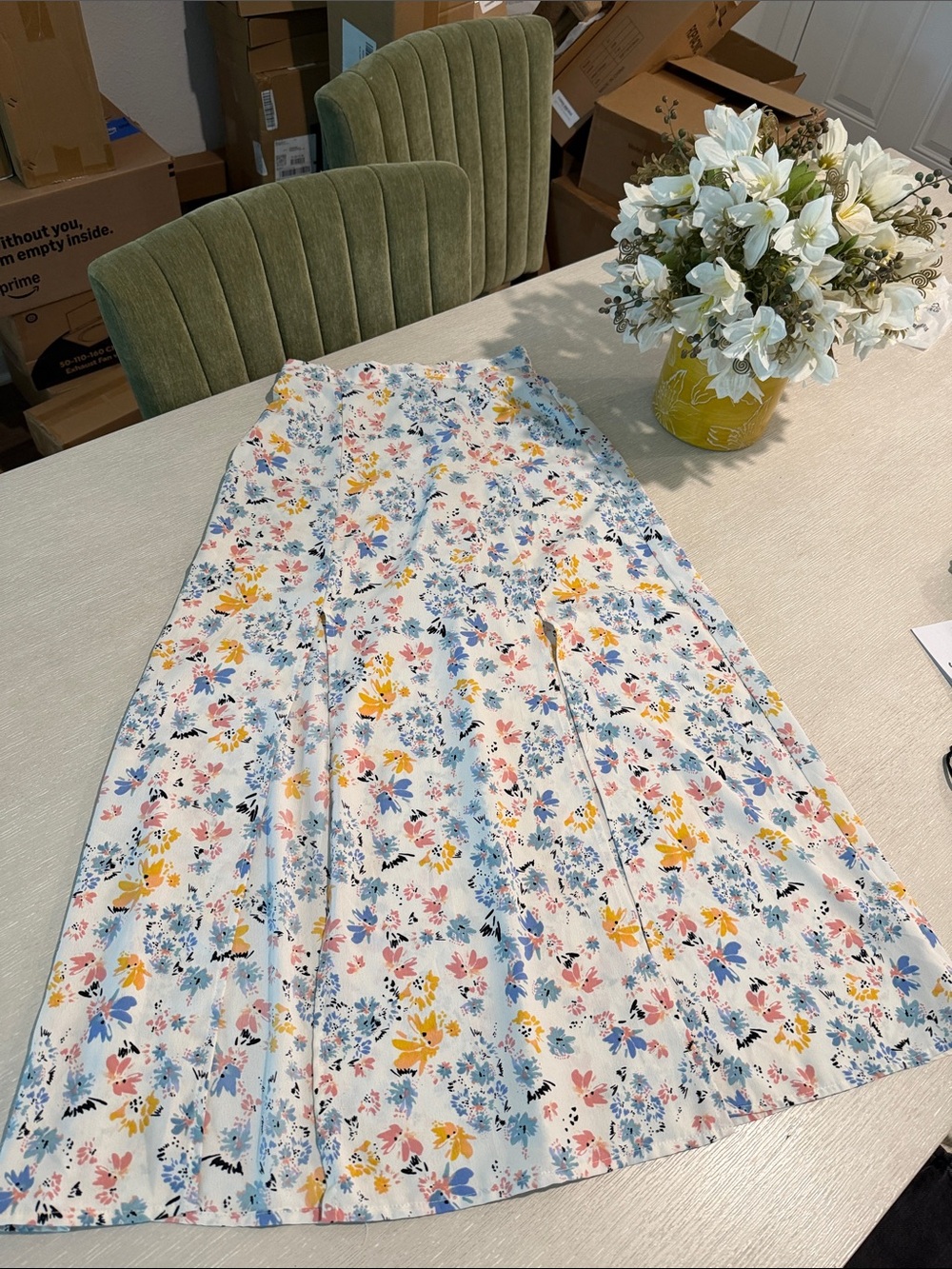Floral Midi Skirt in White with Multicolor Print